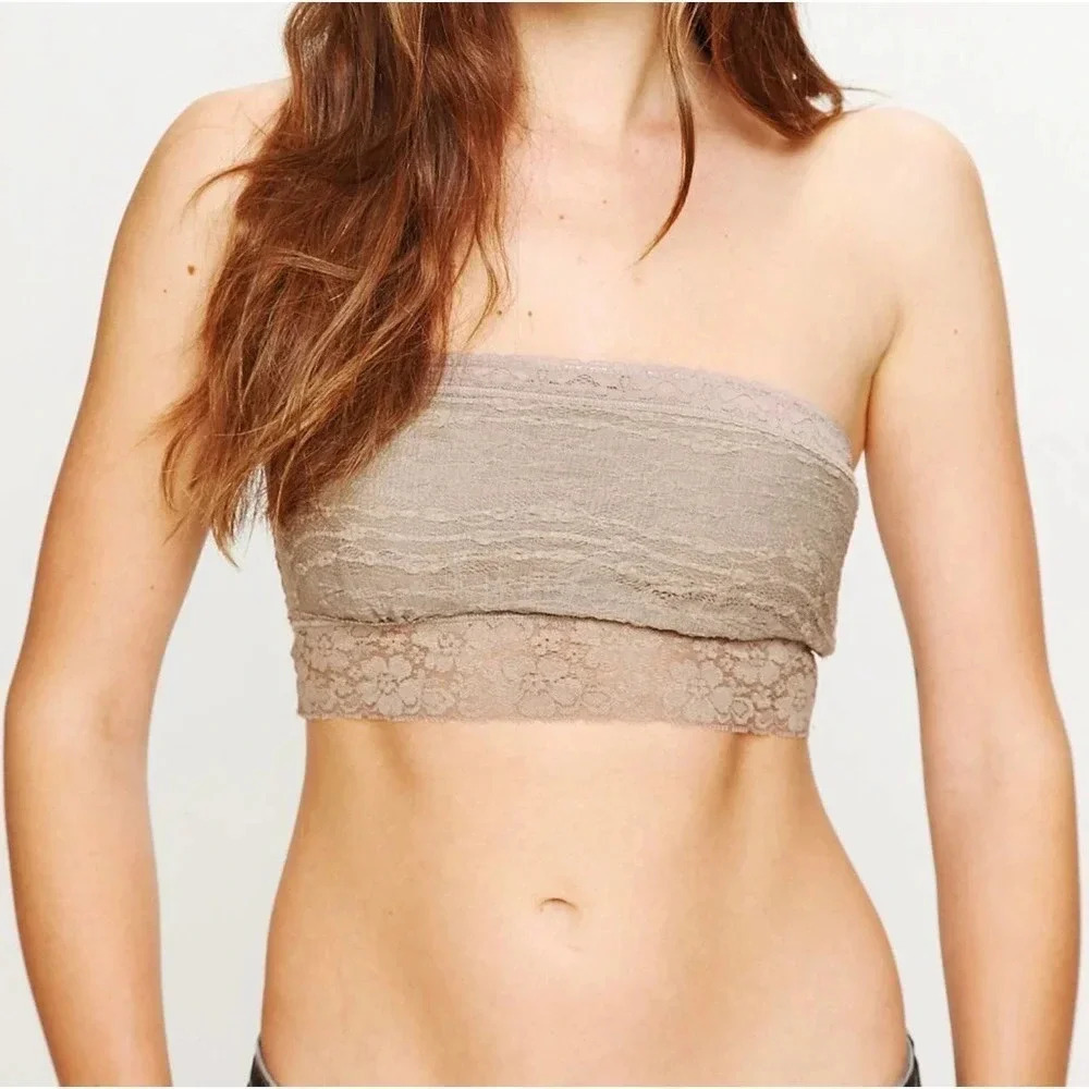 Free People Women's Taupe Lace Bandeau Style Strapless Bralette Small NWT v6x